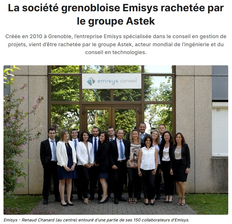 Article : L'Essor Isère - La société grenobloise Emisys rachetée par Astek 2022-01-17