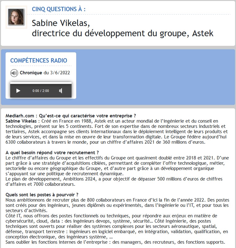 Entretien : Mediarh.com - Cinq questions à Sabine Vikelas 2022-06-03