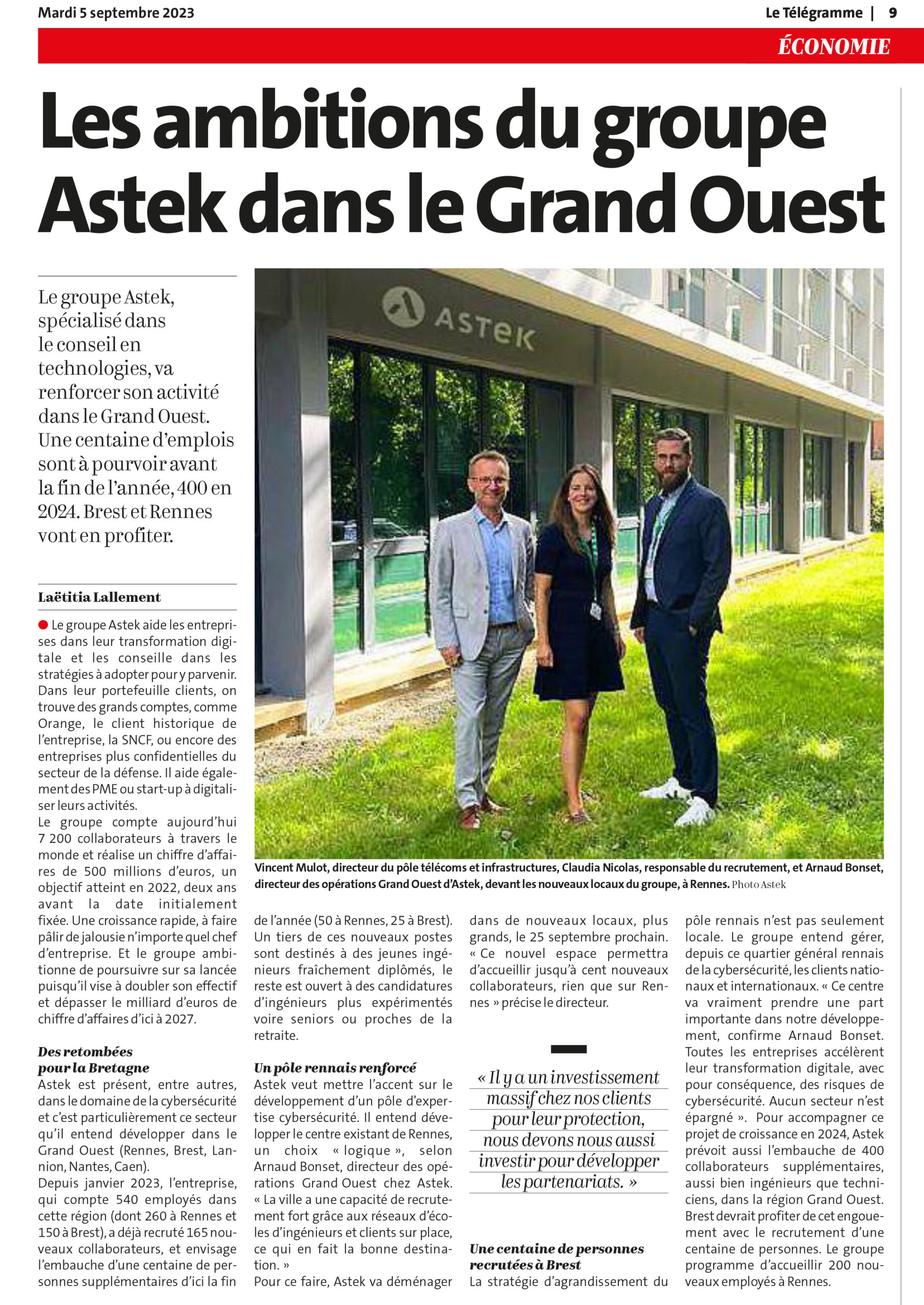 Article : Le Télégramme de Brest - Les ambitions du Groupe Astek dans le Grand Ouest 2023-09-05